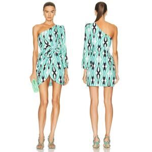 PatBO Twist One Shoulder Mini Dress Surplice Hem Printed Piscene Blue Size 4